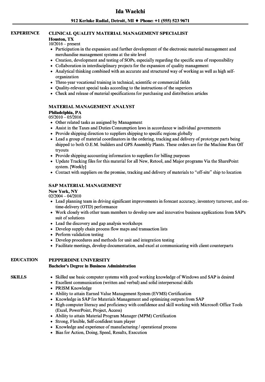 Material Management Resume Sample Material Management Resume Samples Velvet Jobs