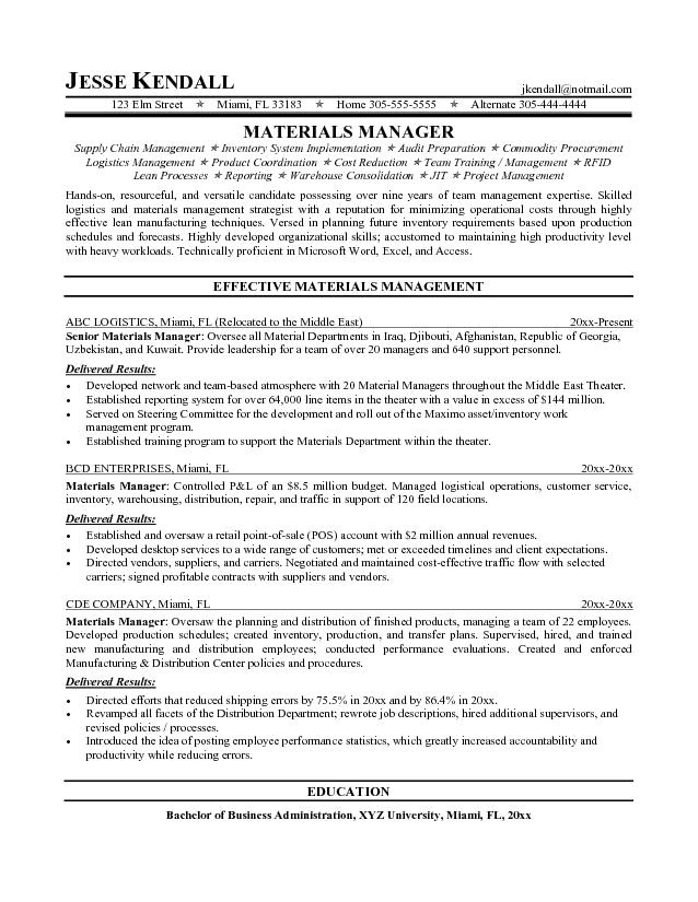 materials manager resume 1342