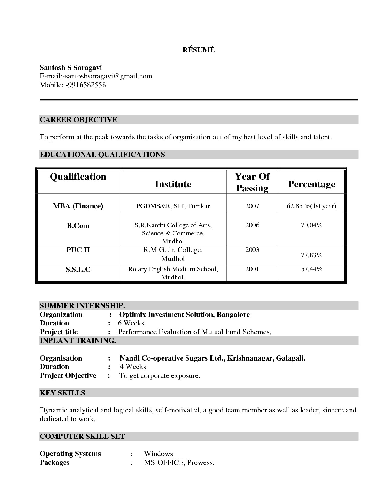 mba finance experience resume format