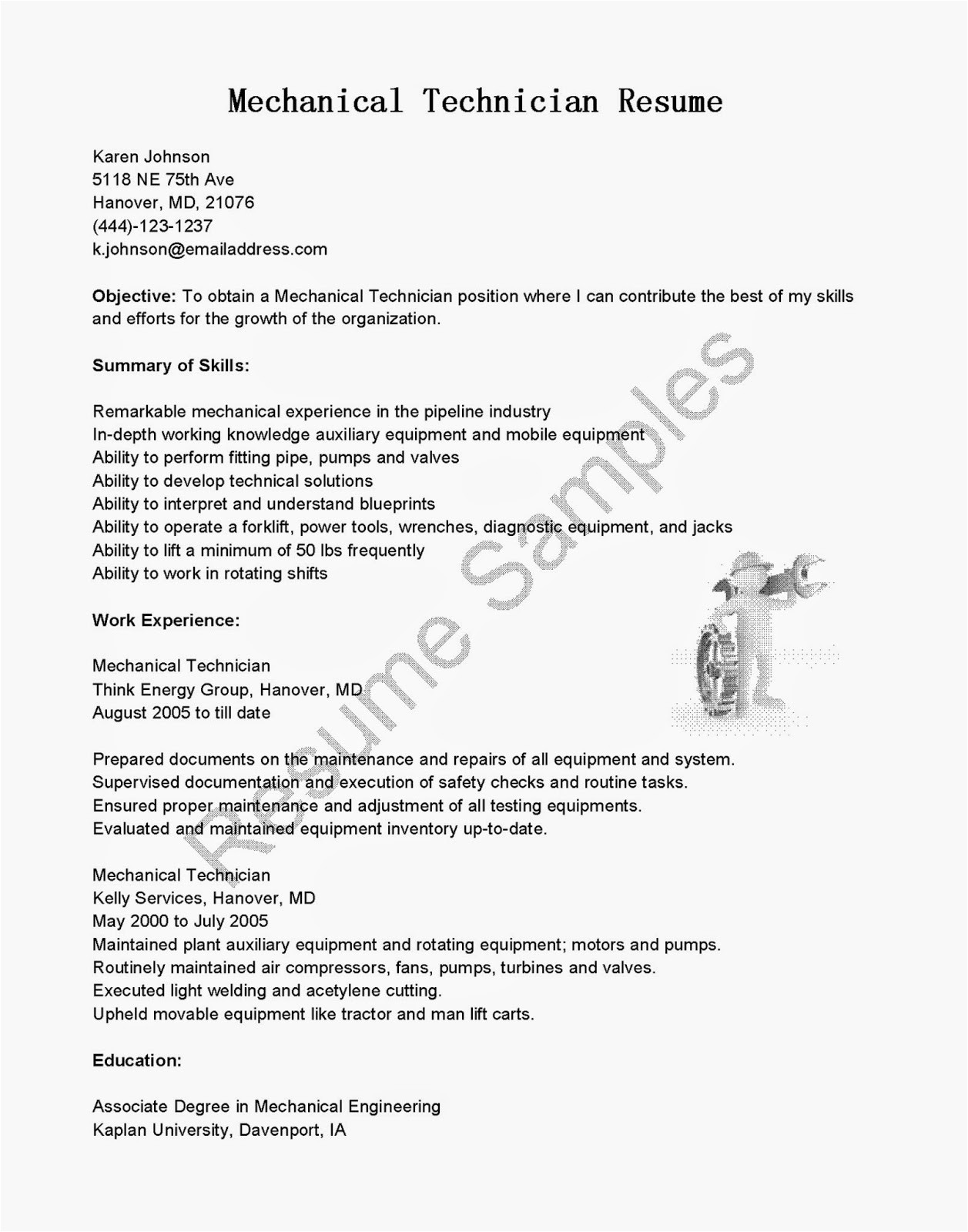 mechanical technician resume sample