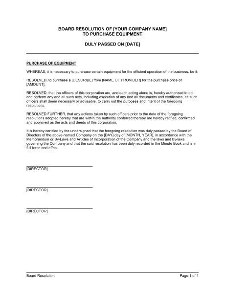 Members Resolution Template Board Resolution to Purchase Equipment Template Sample