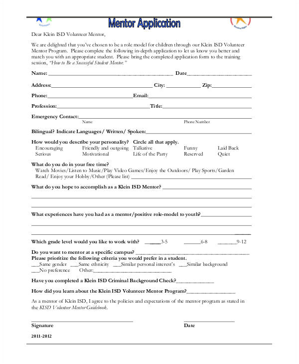 Mentoring Application Templates Mentor Application Templates 9 Free Word Pdf Documents
