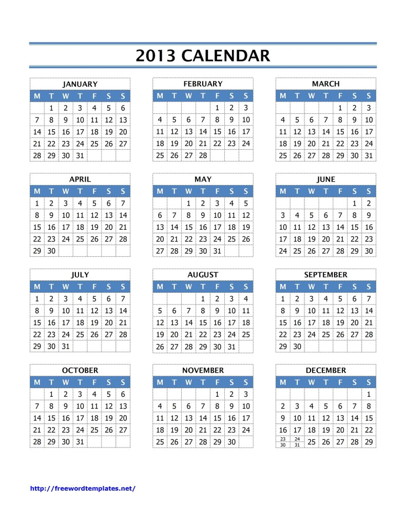 2013 year calendar template