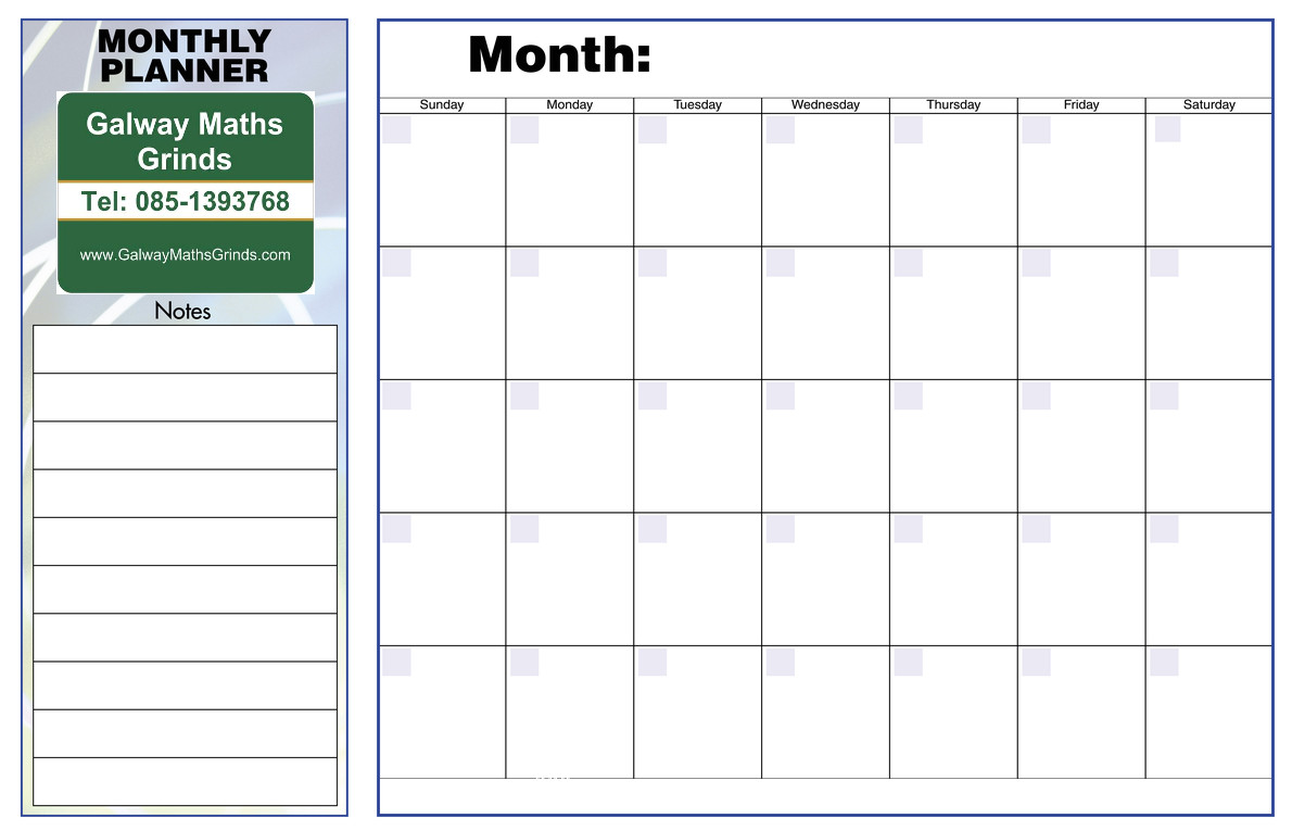 Monthly organiser Template Time Table Templates Galway Maths Grinds