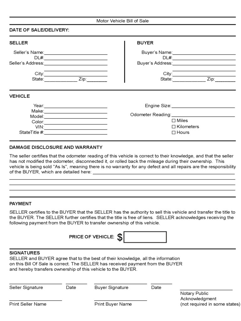 vehicle bill of sale form