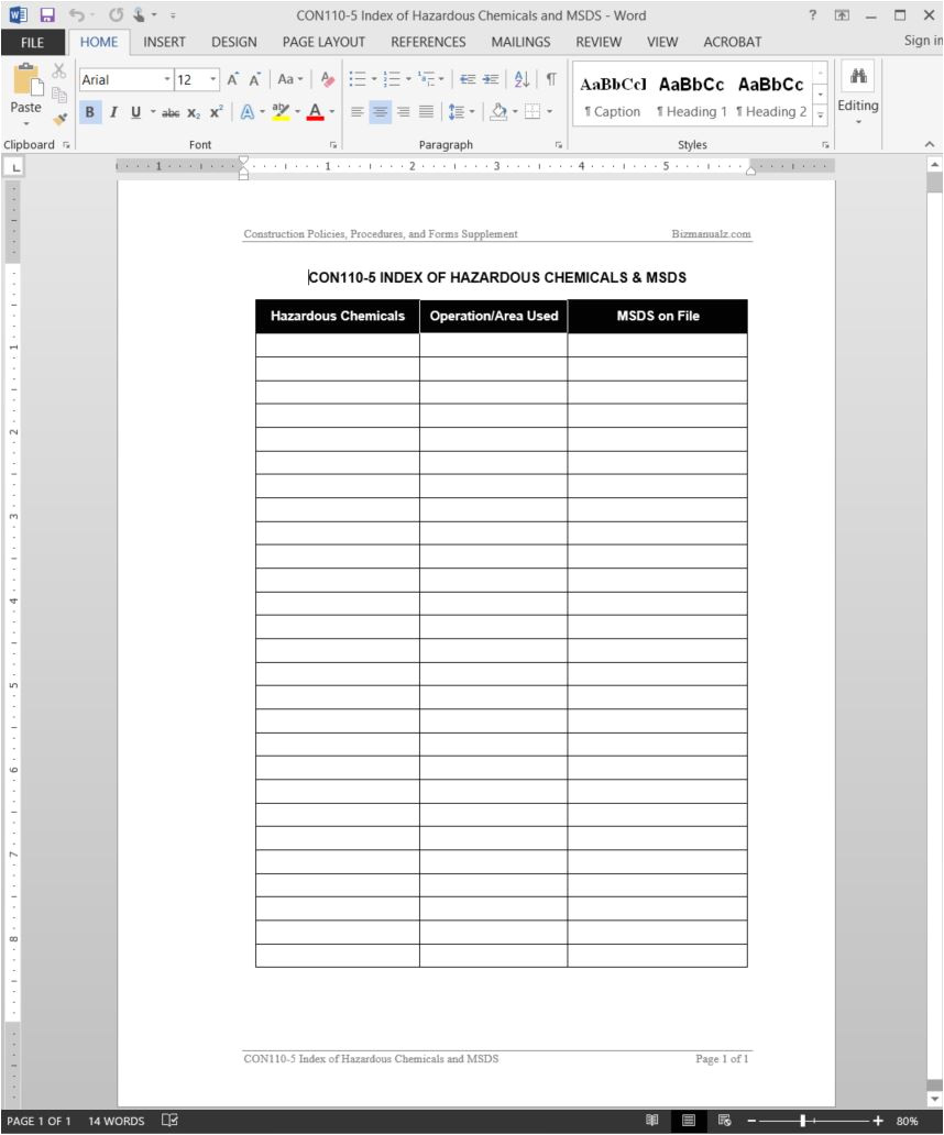chemicals msds index template