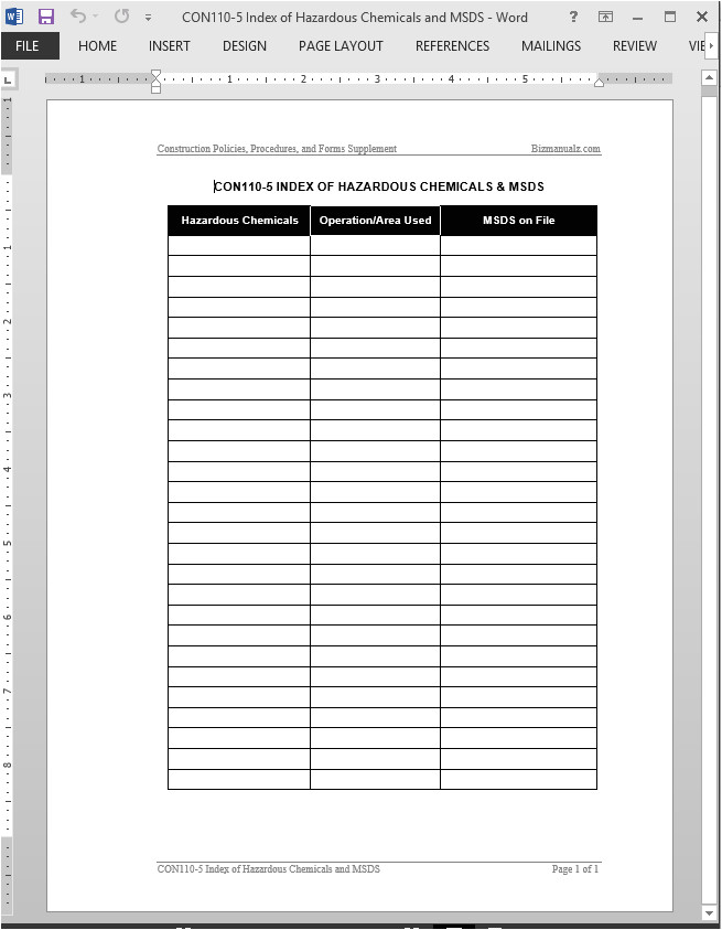 Msds Templates Chemicals Msds Index Template