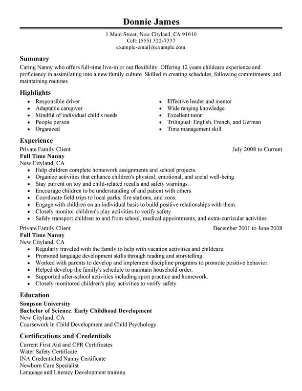 full time nanny resume sample