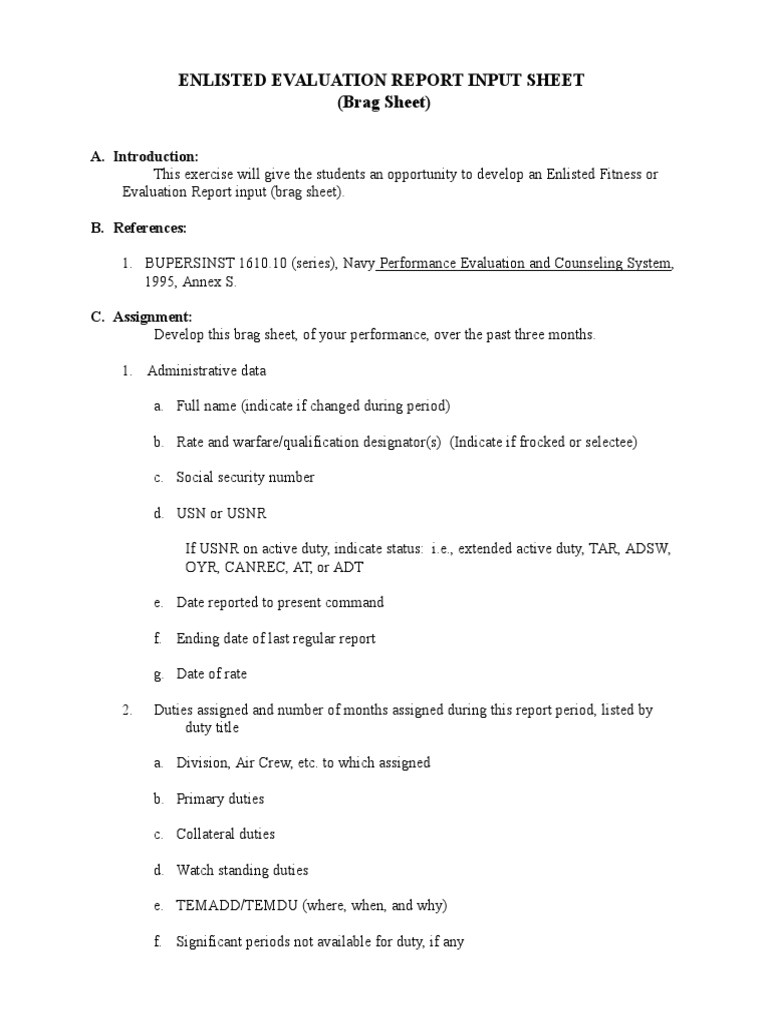 Navy Brag Sheet Template Pdf Navy Enlisted Evaluation Brag Sheet Armed Conflict