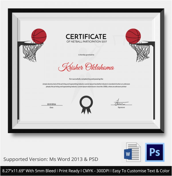 Netball Certificate Templates Netball Certificate Template 5 Word Psd format