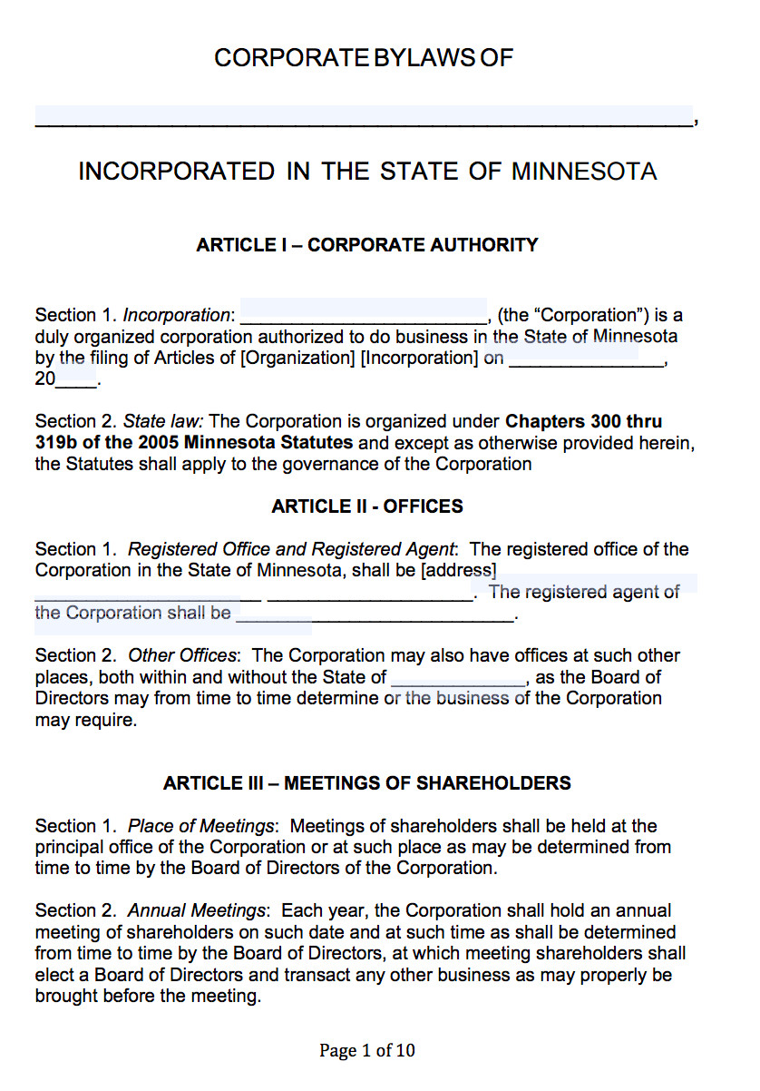 free minnesota corporate bylaws template pdf word mn bylwas
