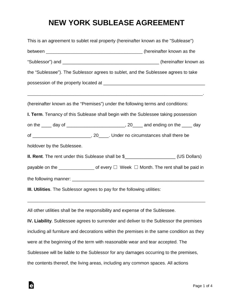 new york sublease agreement template
