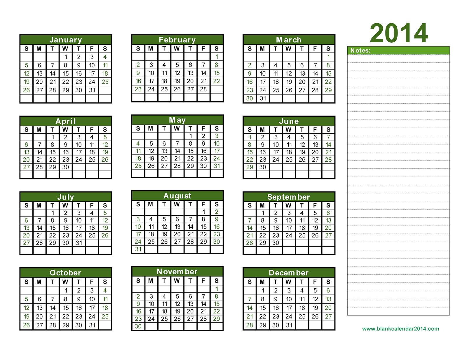 free blank calendar template 2014