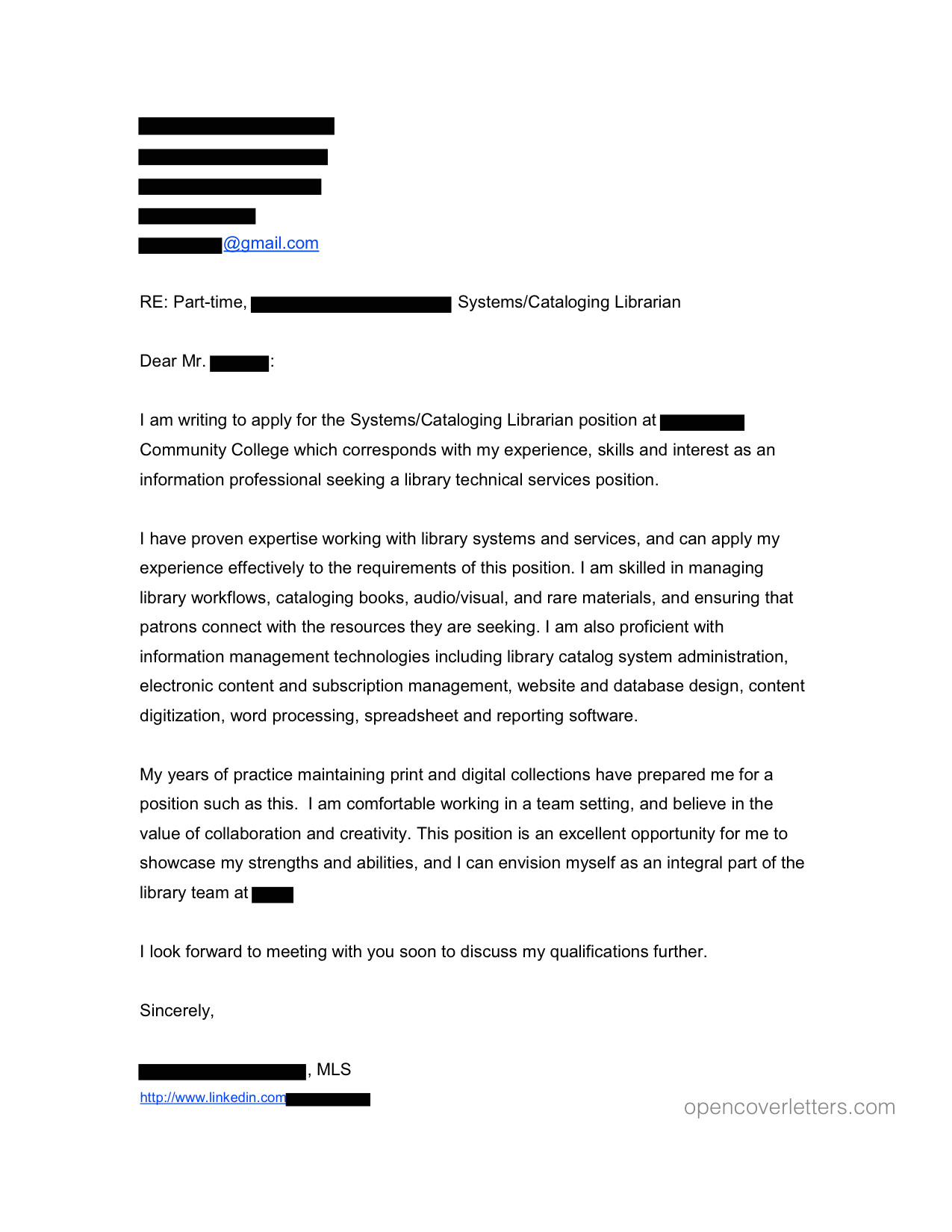 Open Cover Letter for Employment Cataloging Open Cover Letters