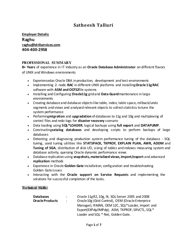 Oracle Dba Sample Resumes for Experienced oracle Dba Resumes Free Excel Templates