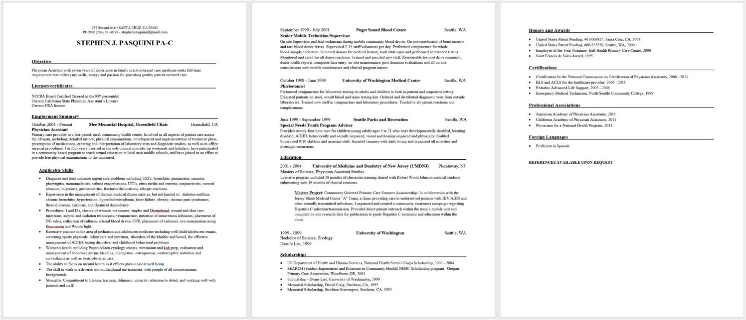 physician assistant new graduate sample resume and curriculum vitae