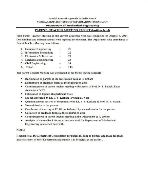 Parent Teacher Meeting Report Template Meeting Report Templates 12 Free Word Pdf format