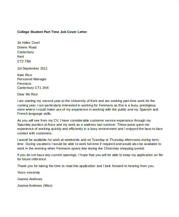 cover letter part time job student