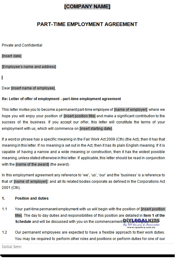 Part Time Employment Contract Template Free Part Time Employment Contracts Template
