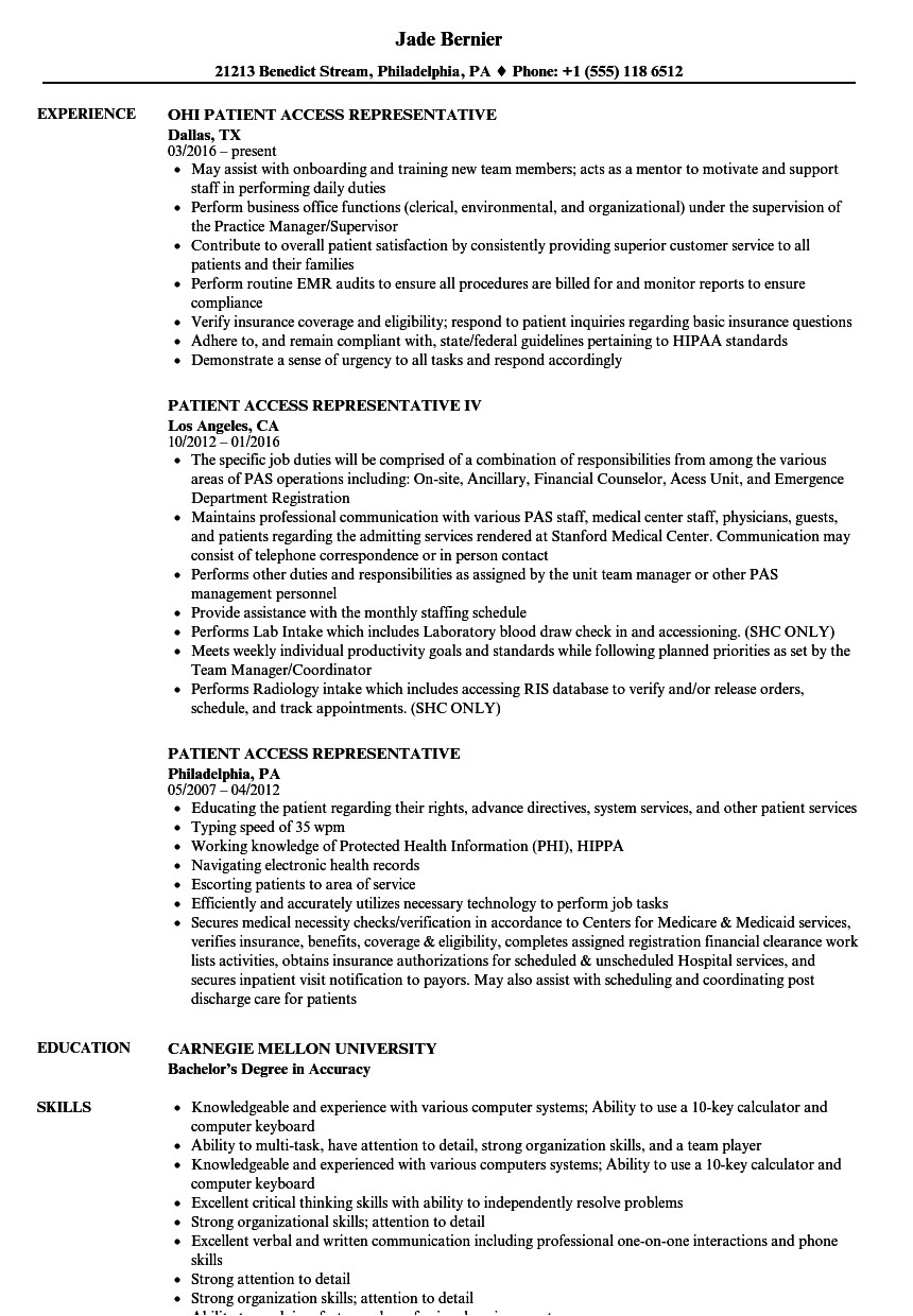 Patient Access Representative Resume Sample Patient Access Representative Resume Samples Velvet Jobs