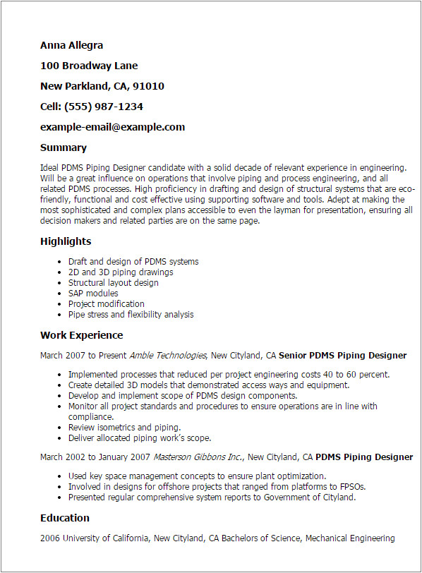 Pdms Piping Designer Resume Sample Pdms Piping Designer Resume Template Best Design Tips