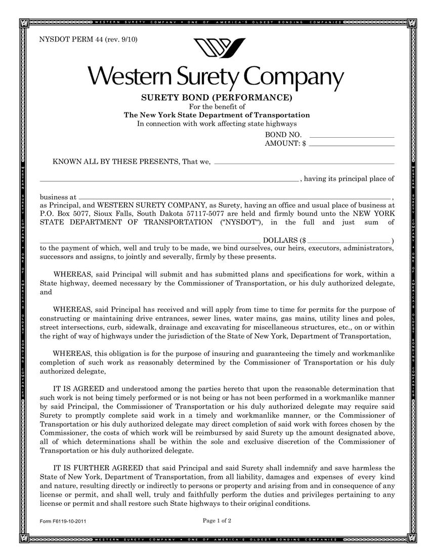 Performance Bond Template New York Performance Surety Bond