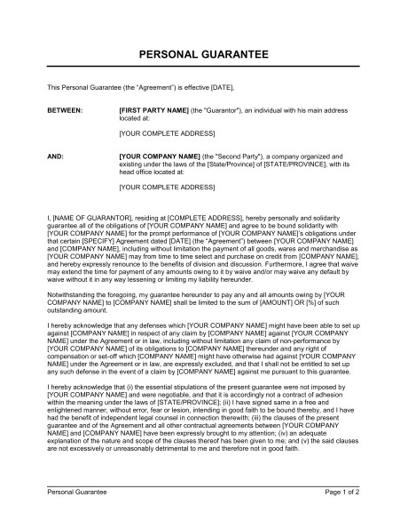 Personal Guarantee Template Uk 1 Personal Guarantee Template Uk Personal Guarantee Template Sample form Biztree Com