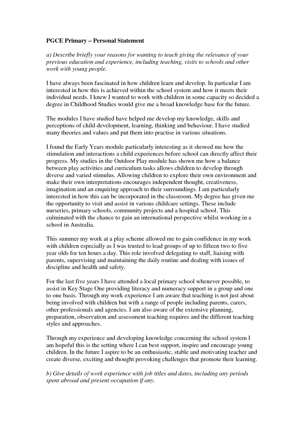 Personal Statement Template for Teaching Personal Statement for Pgce