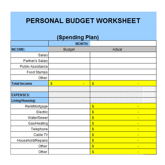 sample personal budget