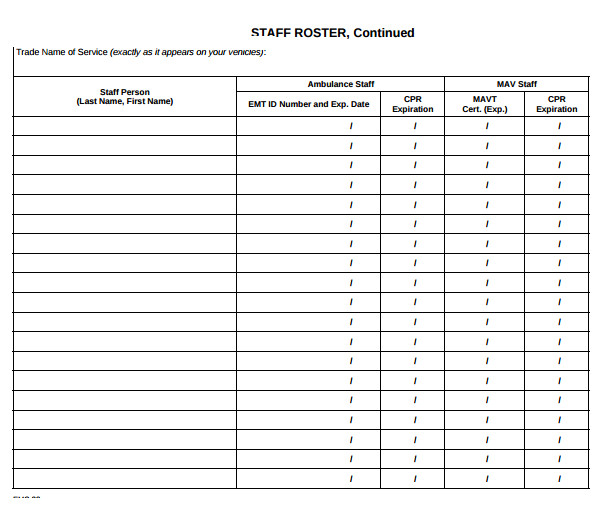 Personnel Roster Template 8 Staff Roster Templates Sample Templates
