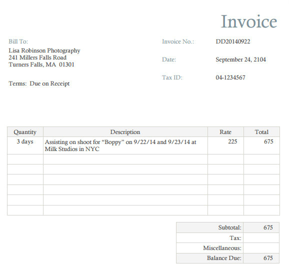 sample photography invoice