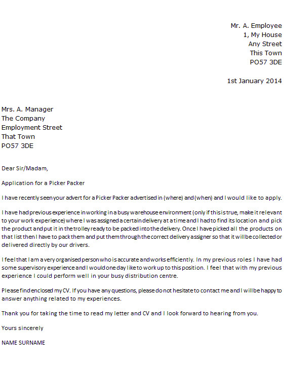 Pick Packer Cover Letter Picker Packer Cover Letter Example Icover org Uk