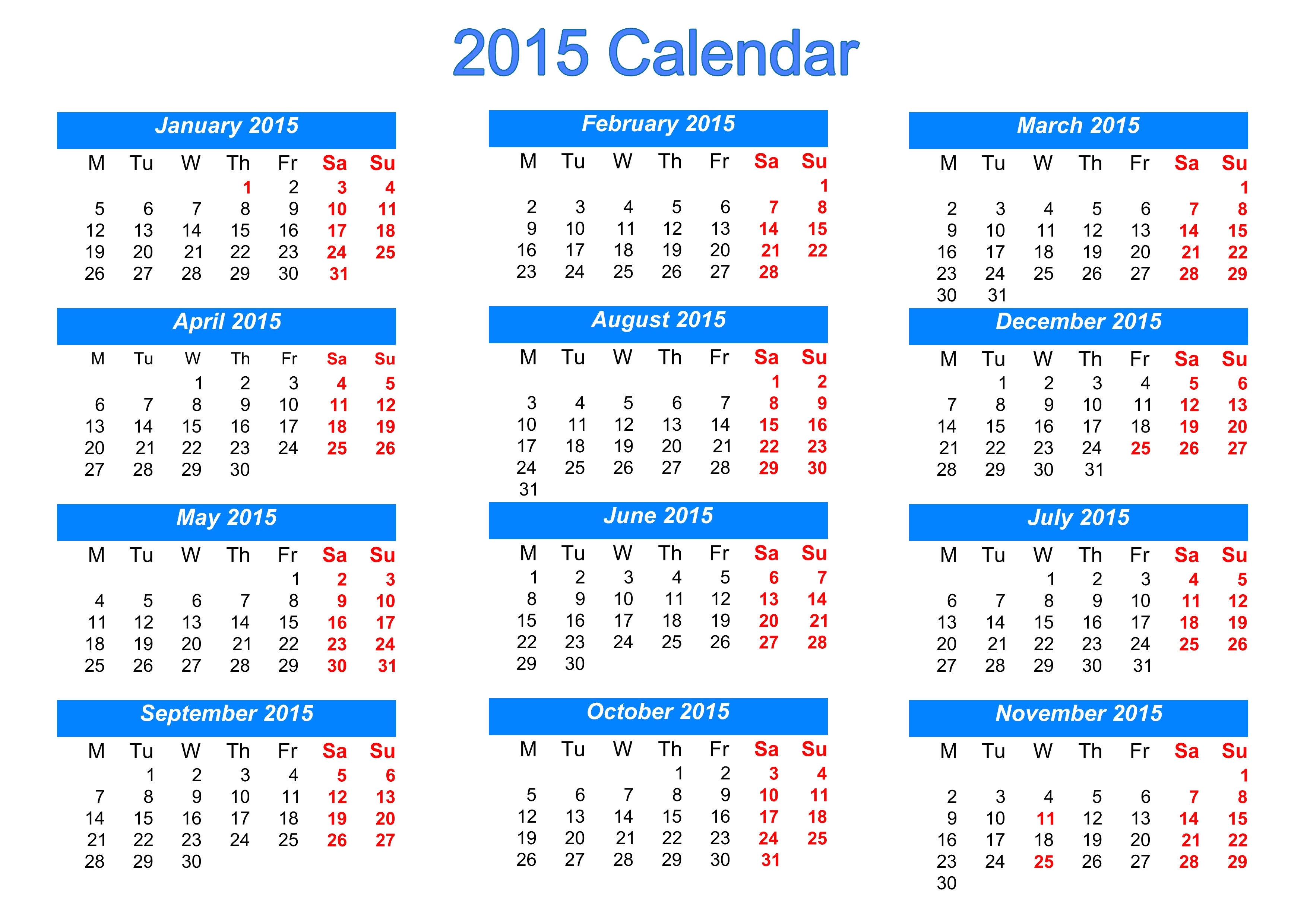 calendar 2015 template free
