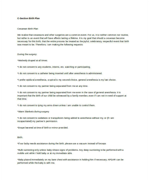 Planned C Section Birth Plan Template Birth Plan Template 15 Free Word Pdf Documents