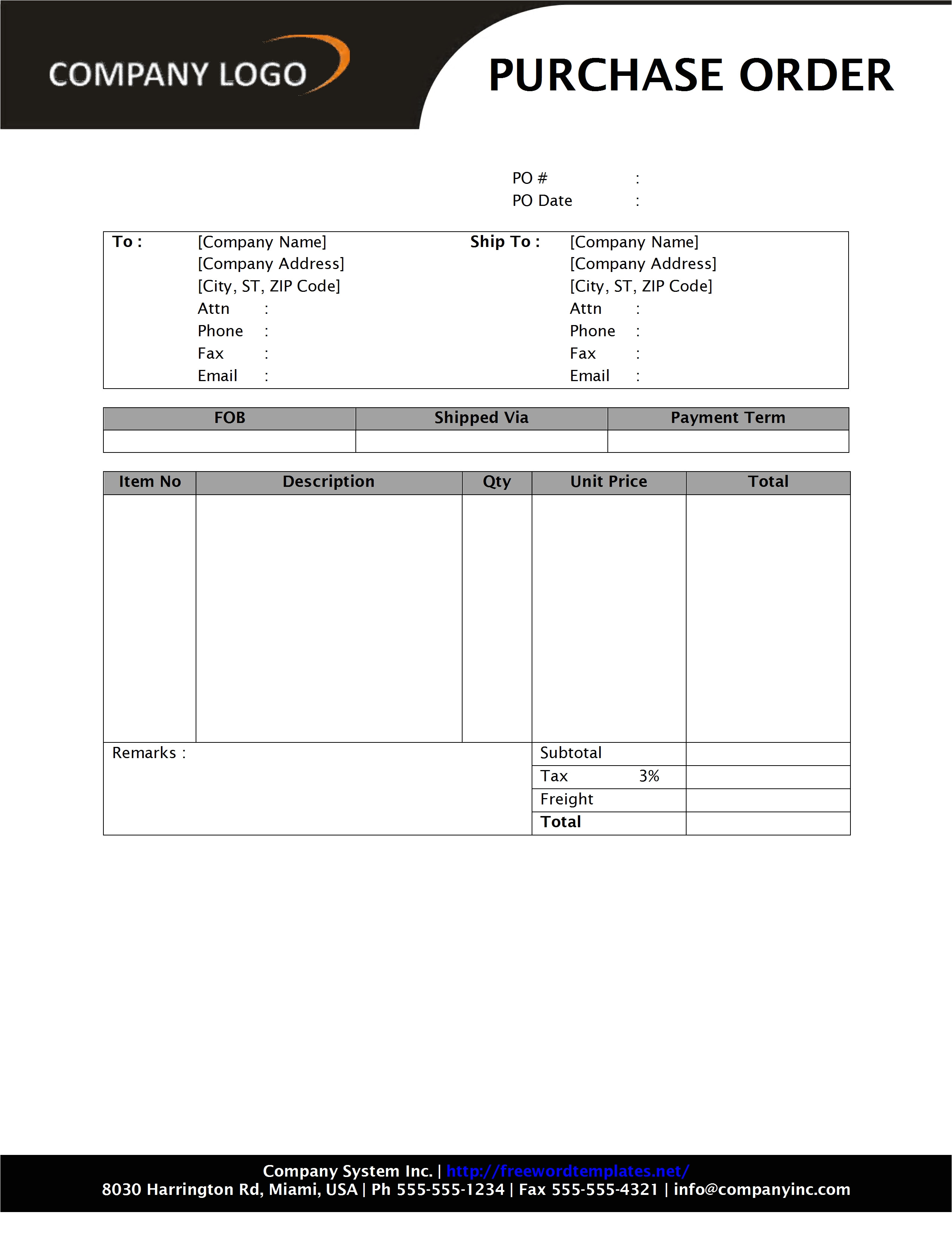 Po Template for Word Purchase order Template