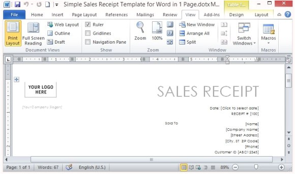 simple sales receipt template for word in one page