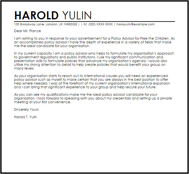Policy Advisor Cover Letter Policy Advisor Cover Letter Sample Cover Letter