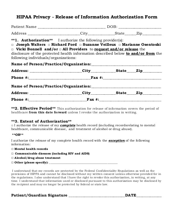 Privacy Release form Template 8 Sample Hipaa Release forms Sample Templates