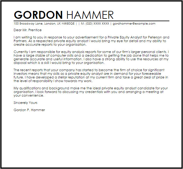 Private Equity Cover Letter Template Private Equity Analyst Cover Letter Sample Livecareer