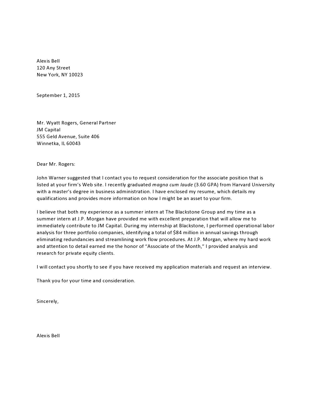 private equity entry level referral cover letter