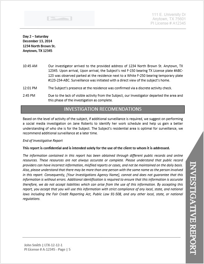 Private Investigator Surveillance Report Template Private Investigator Report Template Document Downloads