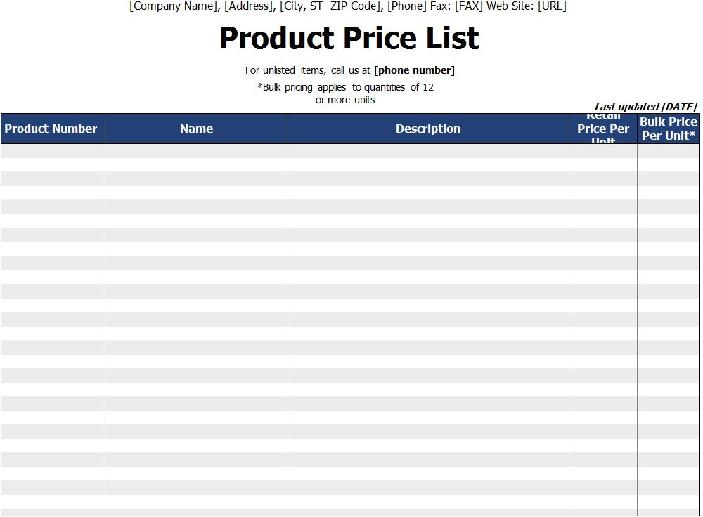 product price list