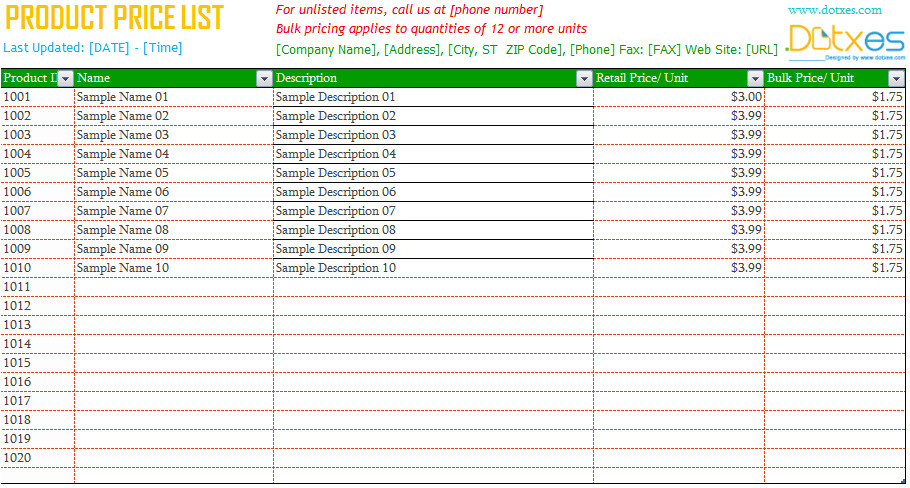 Product Price List Template with Pictures Product Price List Template Dotxes