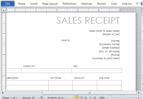 one page sales receipt form template word