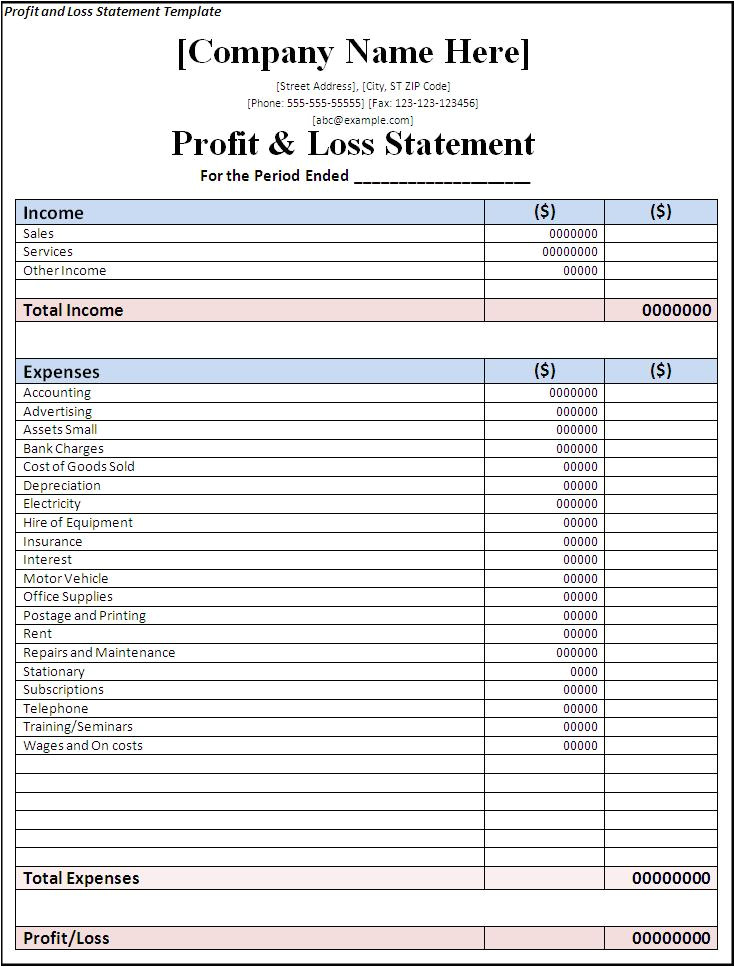 profit and loss statement template