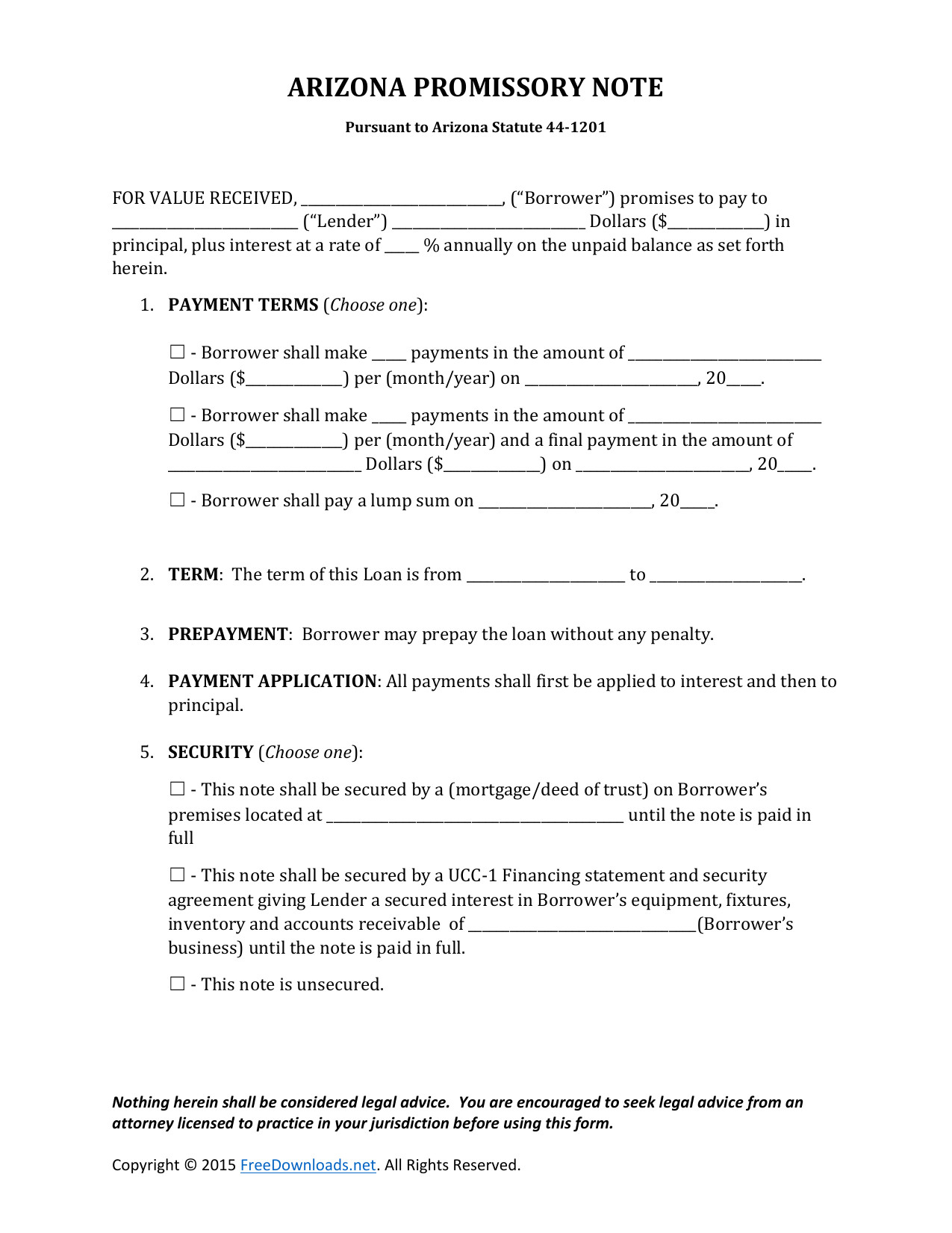 arizona promissory note form