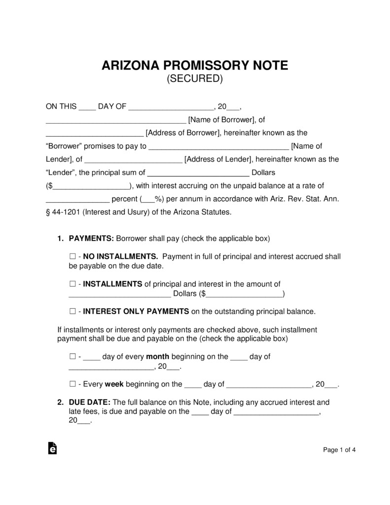 arizona secured promissory note template