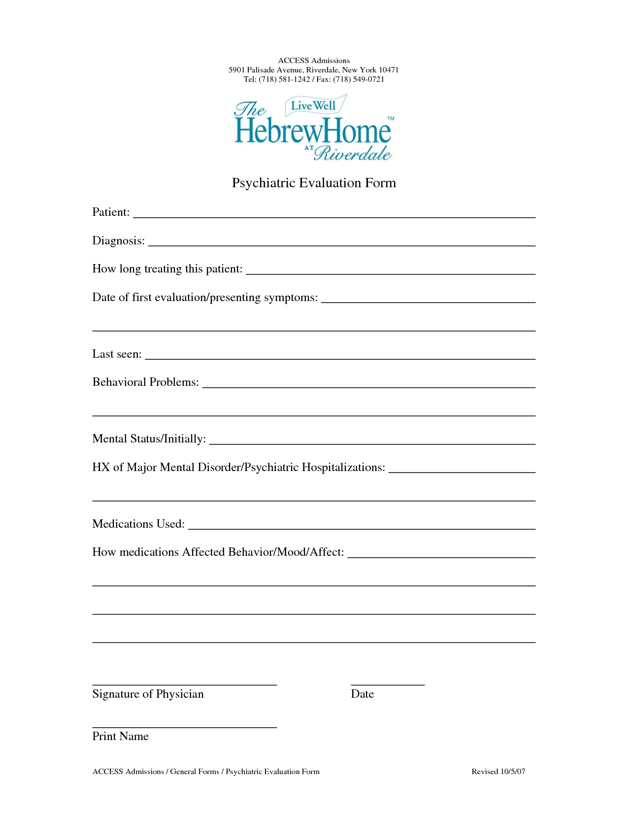 psychiatric evaluation form template