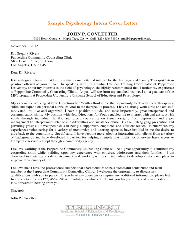 Psychology Practicum Cover Letter Sample Psychology Intern Cover Letter Free Download