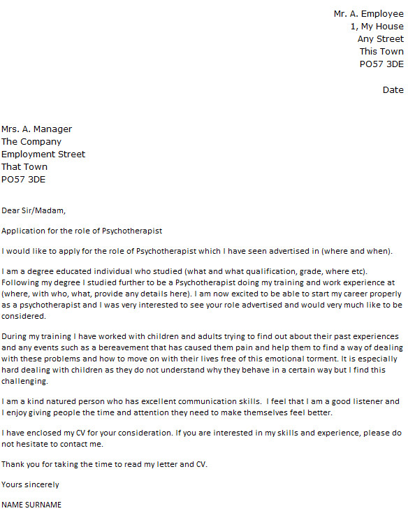 Psychotherapist Cover Letter Psychotherapist Cover Letter Example Icover org Uk